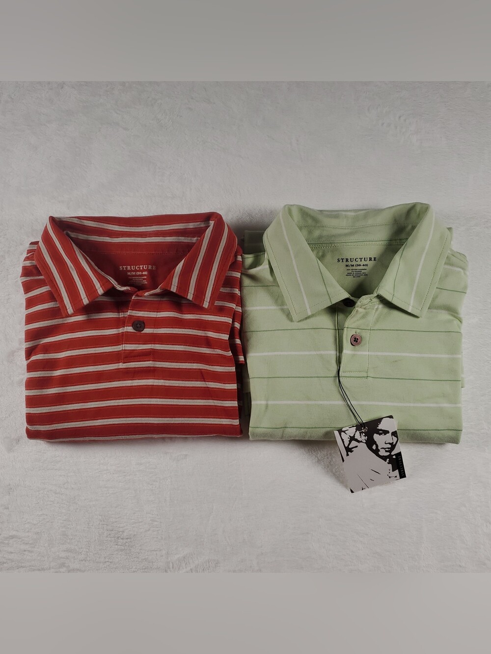 Lot (2) Structure Polos Red & Green Striped Short Sleeve Mens Med Y2k NEW READ